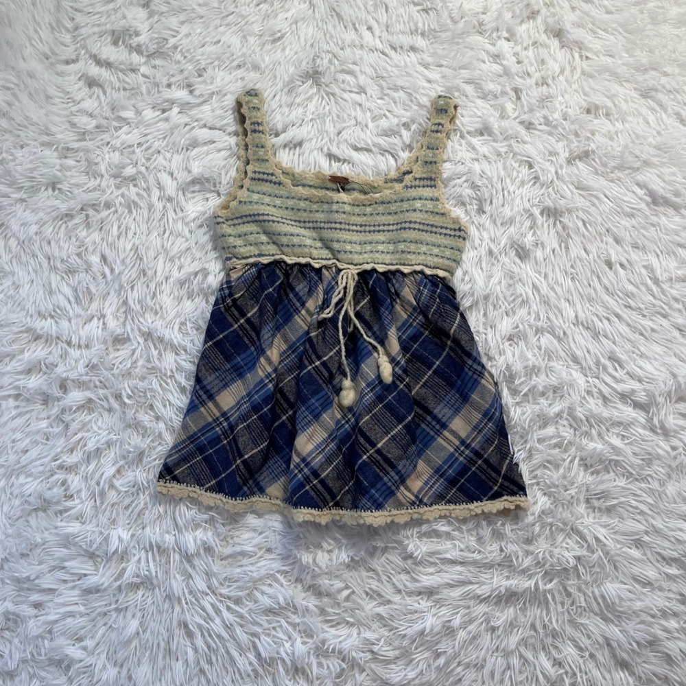 nwt free people blue & cream stripe plaid sweater baby doll tank top xs